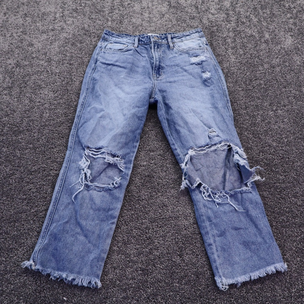 Flying Monkey Jeans Womens 29 Blue High Rise Straight Distressed Raw Hem Denim